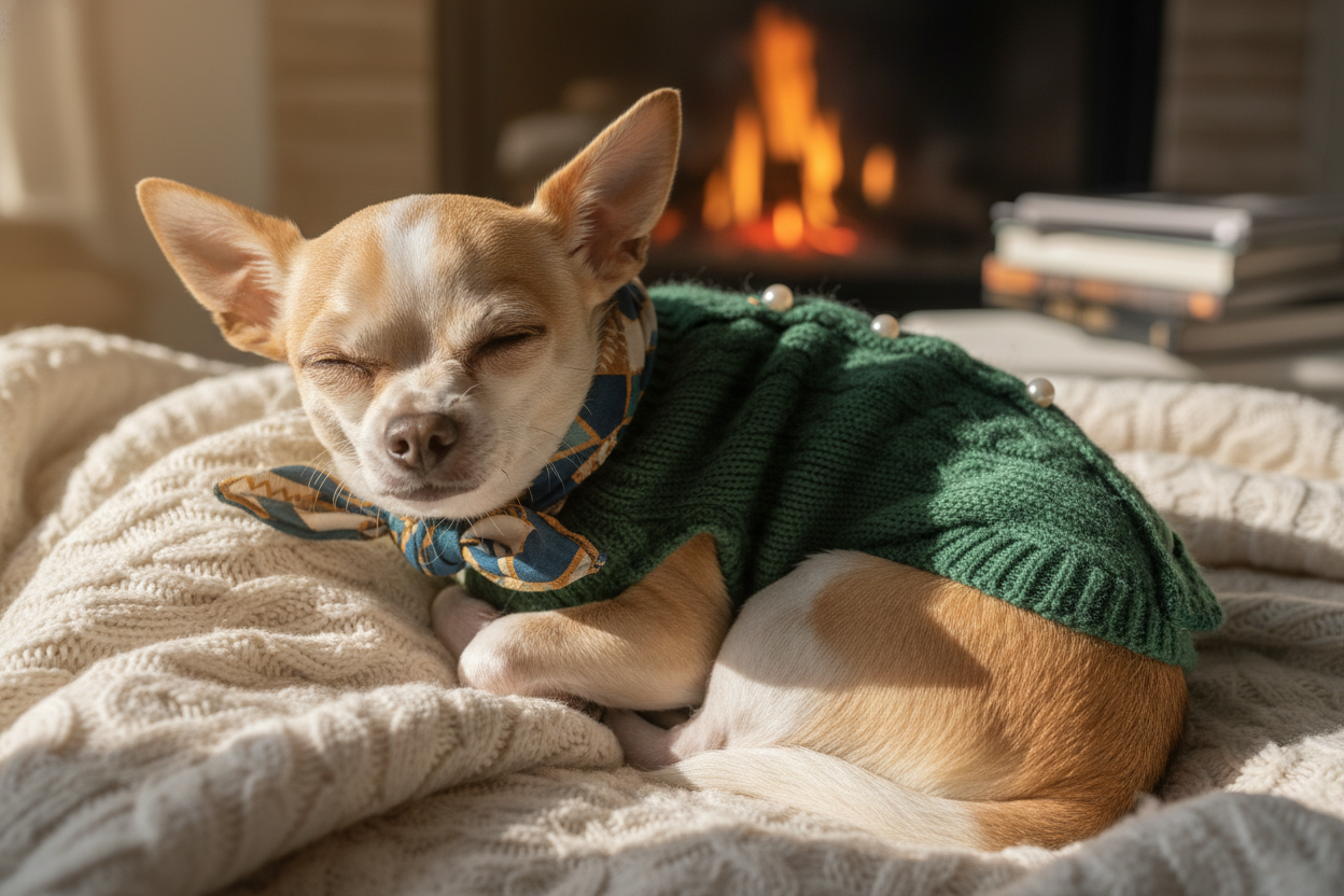 Small dog like a chihuahua looking comfortable with it clothing 