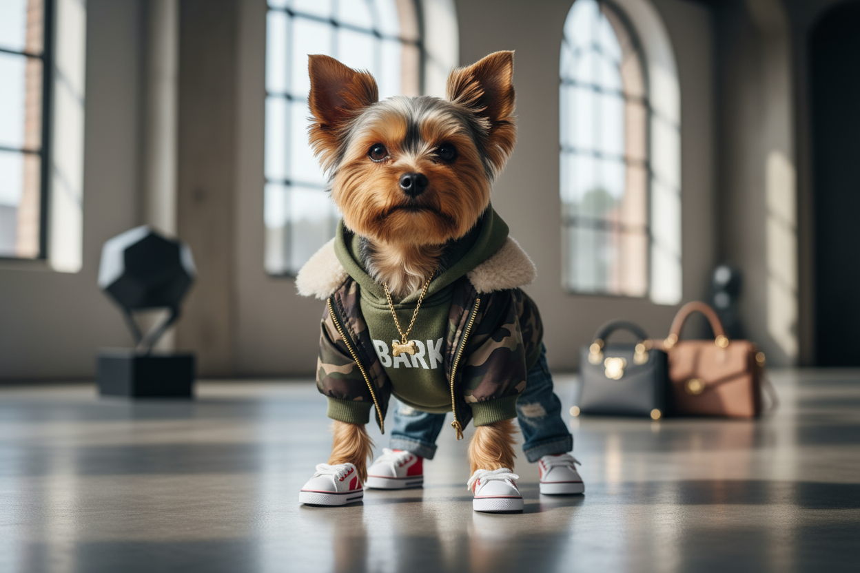 Yorkie dog with trendi clothing 